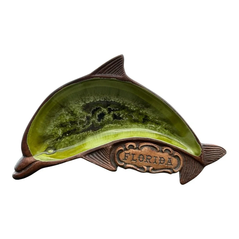 Vintage 1960s Treasure Craft Florida Dolphin Ashtray Trinket Dish Green MCM USA